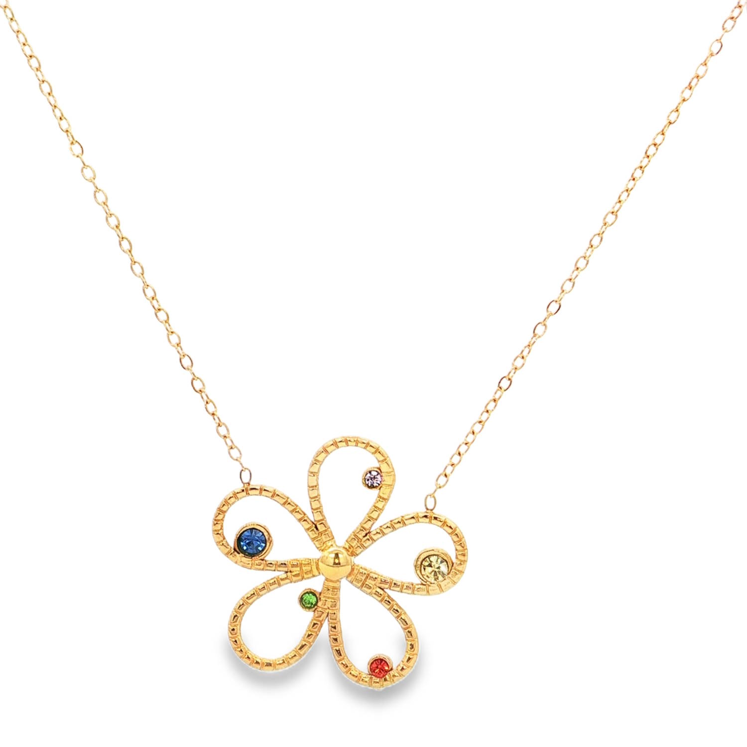 Apportez une touche de fraîcheur et de poésie à votre décolleté avec ce magnifique collier arborant un pendentif floral stylisé. Alliant la robustesse de l'acier à la finesse du design, c'est l'accessoire idéal pour illuminer vos tenues quotidiennes ou sublimer une robe de soirée.<br/>Le pendentif représente une fleur à cinq pétales réalisée en fil d'acier texturé, offrant un relief délicat et un aspect travaillé.<br/>Le charme de ce modèle réside dans ses cinq cristaux multicolores sertis de manière asymétrique sur les pétales<br/>Un mousqueton sécurisé accompagné d'une chaînette d'extension, permettant d'ajuster parfaitement la taille à votre morphologie. Strass Adolescent Adulte Femme Fille Fleurs Indémodable Nature Apportez une touche de fraîcheur et de poésie à votre décolleté avec ce magnifique collier arborant un pendentif floral stylisé. Alliant la robustesse de l'acier à la finesse du design, c'est l'accessoire idéal pour illuminer vos tenues quotidiennes ou sublimer une robe de soirée.<br/>Le pendentif représente une fleur à cinq pétales réalisée en fil d'acier texturé, offrant un relief délicat et un aspect travaillé.<br/>Le charme de ce modèle réside dans ses cinq cristaux multicolores sertis de manière asymétrique sur les pétales<br/>Un mousqueton sécurisé accompagné d'une chaînette d'extension, permettant d'ajuster parfaitement la taille à votre morphologie. Strass Adolescent Adulte Femme Fille Fleurs Indémodable Nature