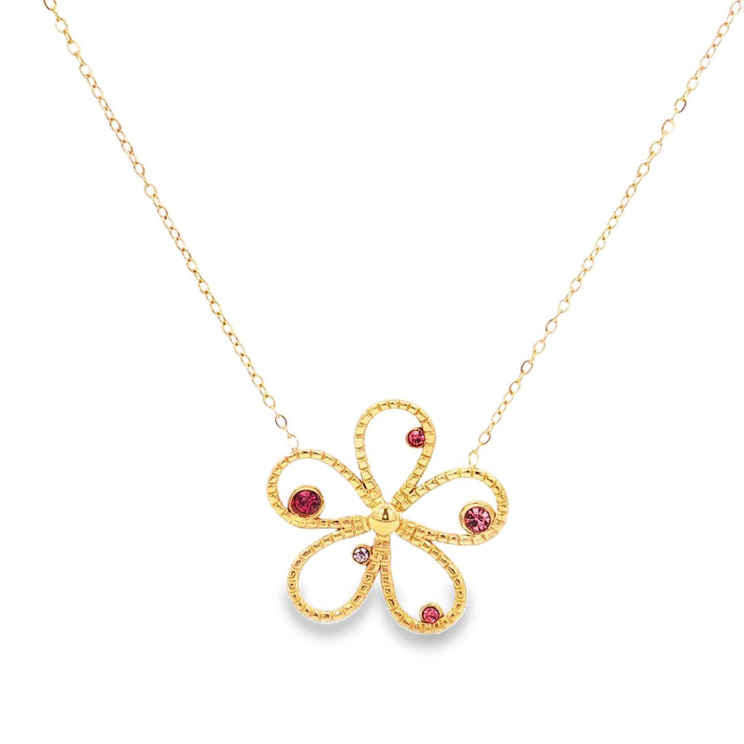 Affirmez votre féminité avec ce collier raffiné alliant la robustesse de l'acier inoxydable à la délicatesse d'un motif floral aérien. Une pièce lumineuse conçue pour apporter une touche de fraîcheur à toutes vos tenues.<br/>Une fleur stylisée aux courbes élégantes et évidées, offrant un jeu de transparence et de légèreté sur la peau.<br/>Le cœur et les pétales sont délicatement ponctués de petits cristaux aux nuances de rose (fuchsia et rose pâle), apportant un contraste scintillant avec la dorure.<br/>Un mousqueton sécurisé accompagné d'une chaînette d'extension, permettant d'ajuster parfaitement la taille à votre morphologie. Strass Adolescent Adulte Femme Fille Fleurs Indémodable Nature Affirmez votre féminité avec ce collier raffiné alliant la robustesse de l'acier inoxydable à la délicatesse d'un motif floral aérien. Une pièce lumineuse conçue pour apporter une touche de fraîcheur à toutes vos tenues.<br/>Une fleur stylisée aux courbes élégantes et évidées, offrant un jeu de transparence et de légèreté sur la peau.<br/>Le cœur et les pétales sont délicatement ponctués de petits cristaux aux nuances de rose (fuchsia et rose pâle), apportant un contraste scintillant avec la dorure.<br/>Un mousqueton sécurisé accompagné d'une chaînette d'extension, permettant d'ajuster parfaitement la taille à votre morphologie. Strass Adolescent Adulte Femme Fille Fleurs Indémodable Nature