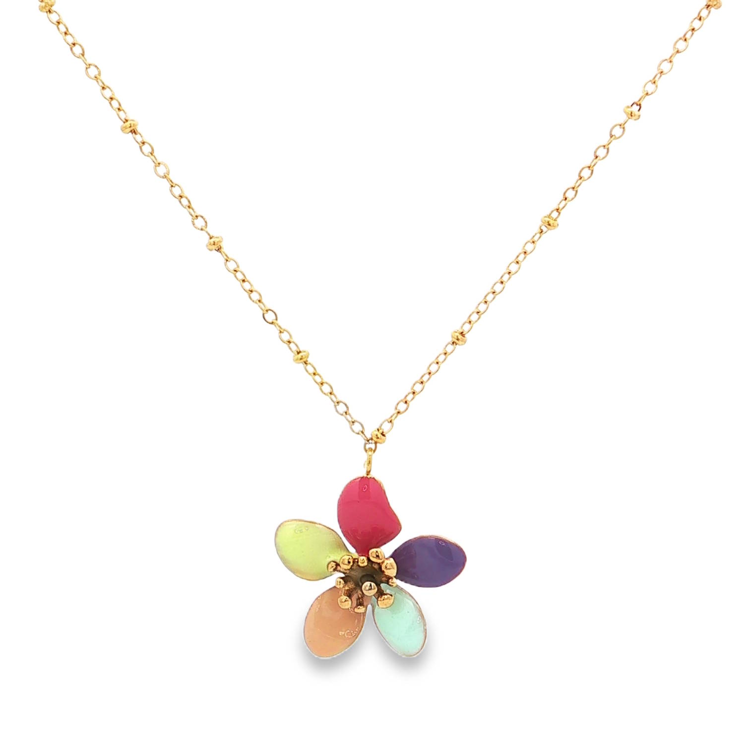 Apportez une touche de fraîcheur et de gaieté à votre tenue avec ce superbe collier délicat. Alliant la robustesse de l'acier et la finesse d'un design printanier, ce bijou est l'accessoire parfait pour illuminer votre décolleté au quotidien.<br/>Le pendentif central représente une fleur stylisée à cinq pétales. Chaque pétale arbore une teinte unique en émail brillant (rose fuchsia, violet profond, vert menthe, orange pastel et jaune acide), créant un contraste vibrant et harmonieux.<br/>Un mousqueton sécurisé accompagné d'une chaînette d'extension, permettant d'ajuster parfaitement la taille à votre morphologie. Adolescent Adulte Femme Fille Fleurs Indémodable Nature Apportez une touche de fraîcheur et de gaieté à votre tenue avec ce superbe collier délicat. Alliant la robustesse de l'acier et la finesse d'un design printanier, ce bijou est l'accessoire parfait pour illuminer votre décolleté au quotidien.<br/>Le pendentif central représente une fleur stylisée à cinq pétales. Chaque pétale arbore une teinte unique en émail brillant (rose fuchsia, violet profond, vert menthe, orange pastel et jaune acide), créant un contraste vibrant et harmonieux.<br/>Un mousqueton sécurisé accompagné d'une chaînette d'extension, permettant d'ajuster parfaitement la taille à votre morphologie. Adolescent Adulte Femme Fille Fleurs Indémodable Nature