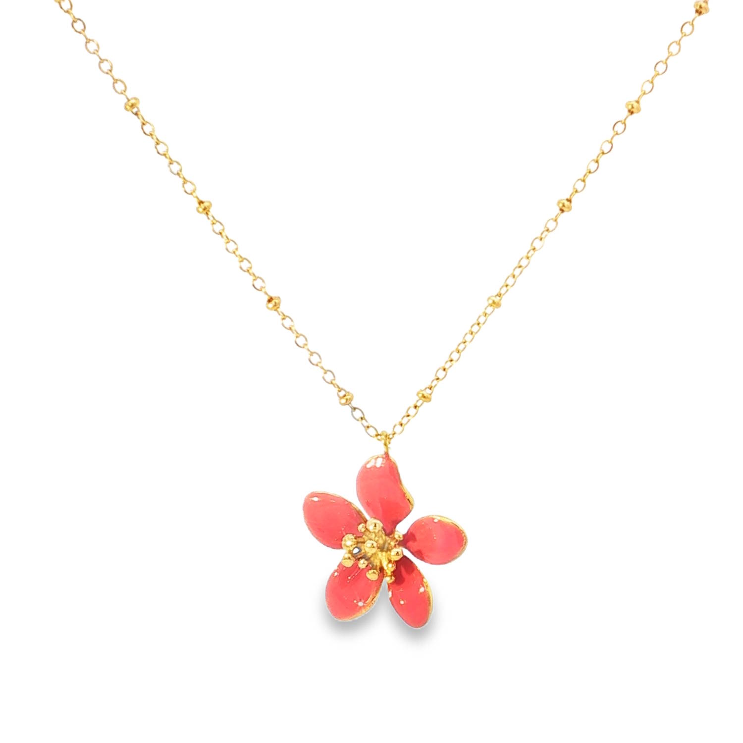 Ce collier délicat est une pièce à la fois rafraîchissante et élégante, parfaite pour ajouter une touche de couleur et de féminité à votre tenue.<br/>Le bijou se compose d'une chaîne fine en acier inoxydable doré, rythmée par de petites perles de métal qui apportent relief et brillance. En son centre repose un pendentif en forme de fleur de cerisier, minutieusement travaillée.<br/>Les cinq pétales sont recouverts d'un émail rose corail vibrant, offrant un fini brillant et lisse qui contraste joliment avec les bordures dorées. Le cœur de la fleur est orné de petits pistils en relief, ajoutant une touche de réalisme et de sophistication au design.<br/>Un mousqueton sécurisé accompagné d'une chaînette d'extension, permettant d'ajuster parfaitement la taille à votre morphologie. Adolescent Adulte Femme Fille Fleurs Indémodable Nature Ce collier délicat est une pièce à la fois rafraîchissante et élégante, parfaite pour ajouter une touche de couleur et de féminité à votre tenue.<br/>Le bijou se compose d'une chaîne fine en acier inoxydable doré, rythmée par de petites perles de métal qui apportent relief et brillance. En son centre repose un pendentif en forme de fleur de cerisier, minutieusement travaillée.<br/>Les cinq pétales sont recouverts d'un émail rose corail vibrant, offrant un fini brillant et lisse qui contraste joliment avec les bordures dorées. Le cœur de la fleur est orné de petits pistils en relief, ajoutant une touche de réalisme et de sophistication au design.<br/>Un mousqueton sécurisé accompagné d'une chaînette d'extension, permettant d'ajuster parfaitement la taille à votre morphologie. Adolescent Adulte Femme Fille Fleurs Indémodable Nature