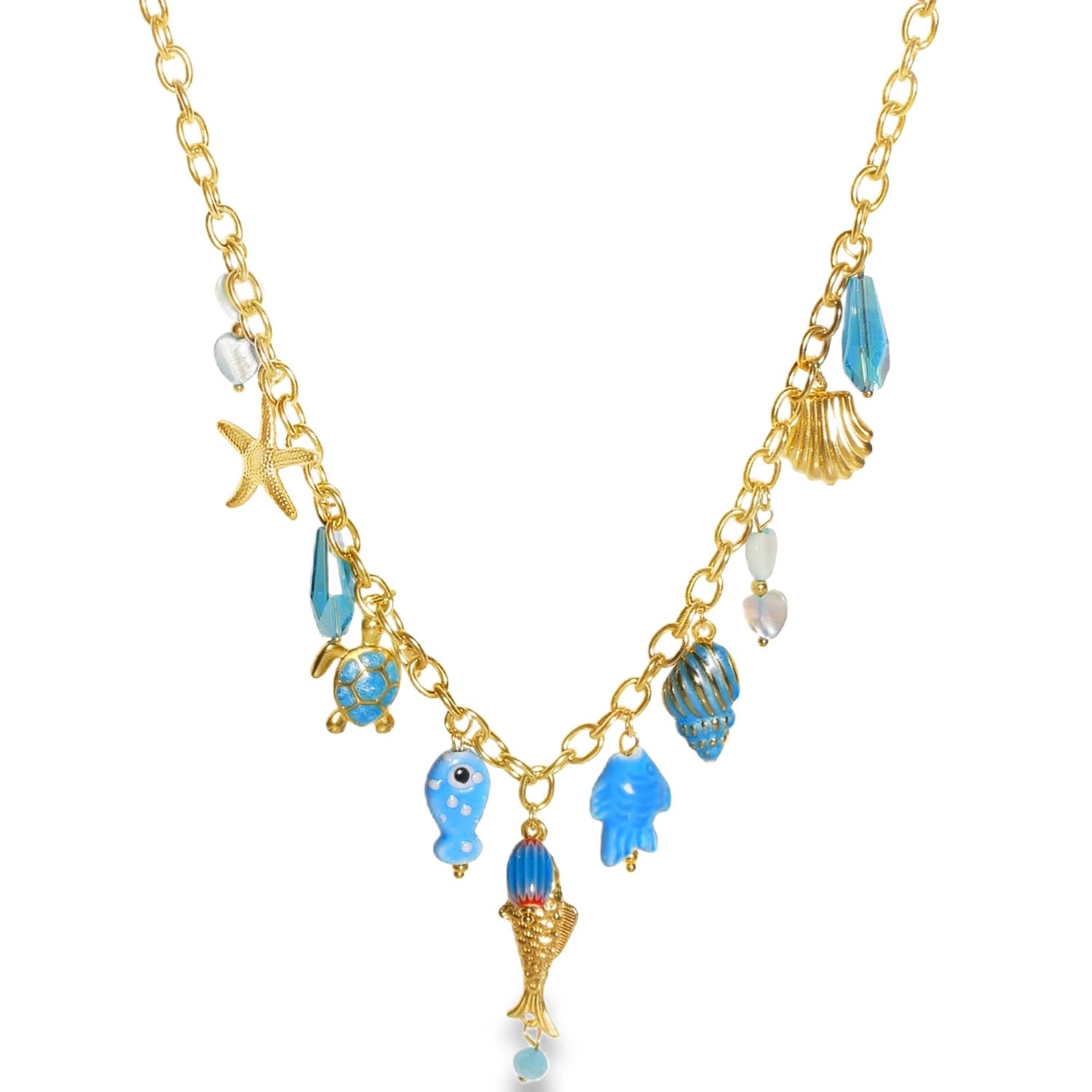Ce collier en acier inoxydable se distingue par son allure de charm's (breloques) qui célèbre la beauté de la vie marine. Très tendance et coloré, il apporte une touche de fraîcheur et de fantaisie à n'importe quelle tenue d'été.<br/>Le bijou se distingue par une riche composition de pendentifs asymétriques évoquant la faune et la flore sous-marines. Les éléments marient le doré, l'émail bleu vibrant et des touches de perles translucides<br/>Doté d'une chaîne de réglage avec un fermoir mousqueton permettant d'ajuster la longueur selon votre décolleté. Coeur Coquillage Etoile Perle Poisson Tortue Adolescent Adulte Amour Animaux Eté Femme Fille Nature Printemps Ce collier en acier inoxydable se distingue par son allure de charm's (breloques) qui célèbre la beauté de la vie marine. Très tendance et coloré, il apporte une touche de fraîcheur et de fantaisie à n'importe quelle tenue d'été.<br/>Le bijou se distingue par une riche composition de pendentifs asymétriques évoquant la faune et la flore sous-marines. Les éléments marient le doré, l'émail bleu vibrant et des touches de perles translucides<br/>Doté d'une chaîne de réglage avec un fermoir mousqueton permettant d'ajuster la longueur selon votre décolleté. Coeur Coquillage Etoile Perle Poisson Tortue Adolescent Adulte Amour Animaux Eté Femme Fille Nature Printemps