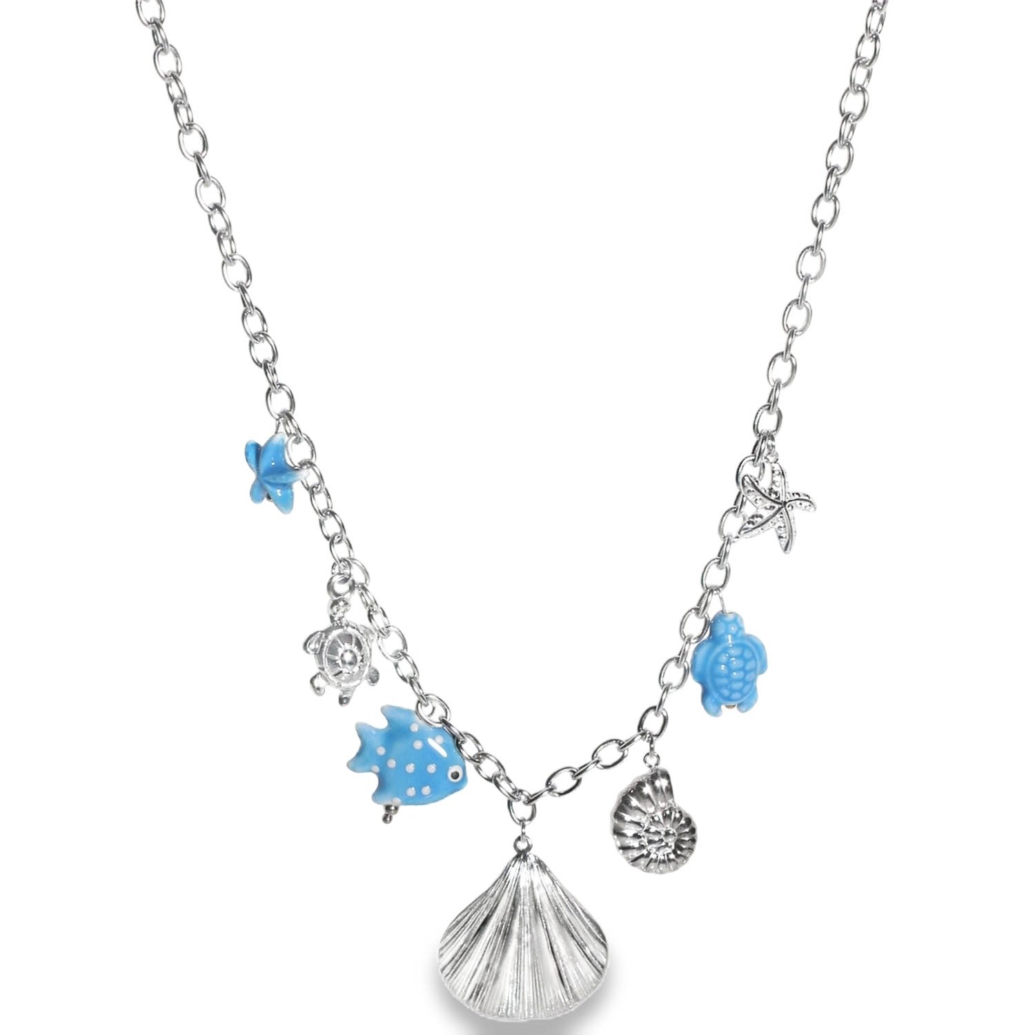 Plongez dans l'univers marin avec ce magnifique collier en acier inoxydable, un bijou à la fois frais, ludique et élégant. Conçu pour capturer la beauté de l'océan, il se distingue par son jeu de textures et ses contrastes de couleurs vibrantes.<br/>Ce collier style breloques met en valeur une sélection minutieuse de pendentifs inspirés de la vie marine, répartis harmonieusement le long de la chaîne.<br/>Doté d'une chaîne de réglage avec un fermoir mousqueton permettant d'ajuster la longueur selon votre décolleté. Coquillage Etoile Poisson Tortue Adolescent Adulte Animaux Eté Femme Fille Nature Printemps Plongez dans l'univers marin avec ce magnifique collier en acier inoxydable, un bijou à la fois frais, ludique et élégant. Conçu pour capturer la beauté de l'océan, il se distingue par son jeu de textures et ses contrastes de couleurs vibrantes.<br/>Ce collier style breloques met en valeur une sélection minutieuse de pendentifs inspirés de la vie marine, répartis harmonieusement le long de la chaîne.<br/>Doté d'une chaîne de réglage avec un fermoir mousqueton permettant d'ajuster la longueur selon votre décolleté. Coquillage Etoile Poisson Tortue Adolescent Adulte Animaux Eté Femme Fille Nature Printemps