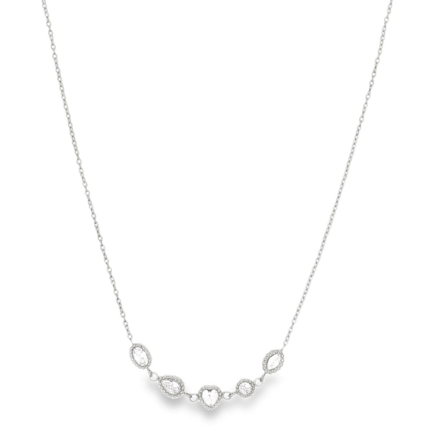 Ce collier raffiné allie la modernité de l'acier inoxydable à l'éclat intemporel du zirconium. Arborant un design asymétrique et ludique, il se distingue par sa rangée de cinq pampilles aux formes géométriques variées, créant un jeu de lumière captivant à chaque mouvement.<br/>Le centre du collier est orné de cinq pierres en oxyde de zirconium de taille brillant. Chaque pierre est délicatement sertie dans une monture travaillée avec un effet perlé qui souligne ses contours.<br/>Le collier joue sur la diversité des formes pour un look moderne (Ovales, goutte, cœur et ronde).<br/>Un mousqueton sécurisé accompagné d'une chaînette d'extension, permettant d'ajuster parfaitement la taille à votre morphologie. Coeur Goutte Ovale Rond Soleil Strass Adolescent Adulte Amour Femme Fille Indémodable Ce collier raffiné allie la modernité de l'acier inoxydable à l'éclat intemporel du zirconium. Arborant un design asymétrique et ludique, il se distingue par sa rangée de cinq pampilles aux formes géométriques variées, créant un jeu de lumière captivant à chaque mouvement.<br/>Le centre du collier est orné de cinq pierres en oxyde de zirconium de taille brillant. Chaque pierre est délicatement sertie dans une monture travaillée avec un effet perlé qui souligne ses contours.<br/>Le collier joue sur la diversité des formes pour un look moderne (Ovales, goutte, cœur et ronde).<br/>Un mousqueton sécurisé accompagné d'une chaînette d'extension, permettant d'ajuster parfaitement la taille à votre morphologie. Coeur Goutte Ovale Rond Soleil Strass Adolescent Adulte Amour Femme Fille Indémodable