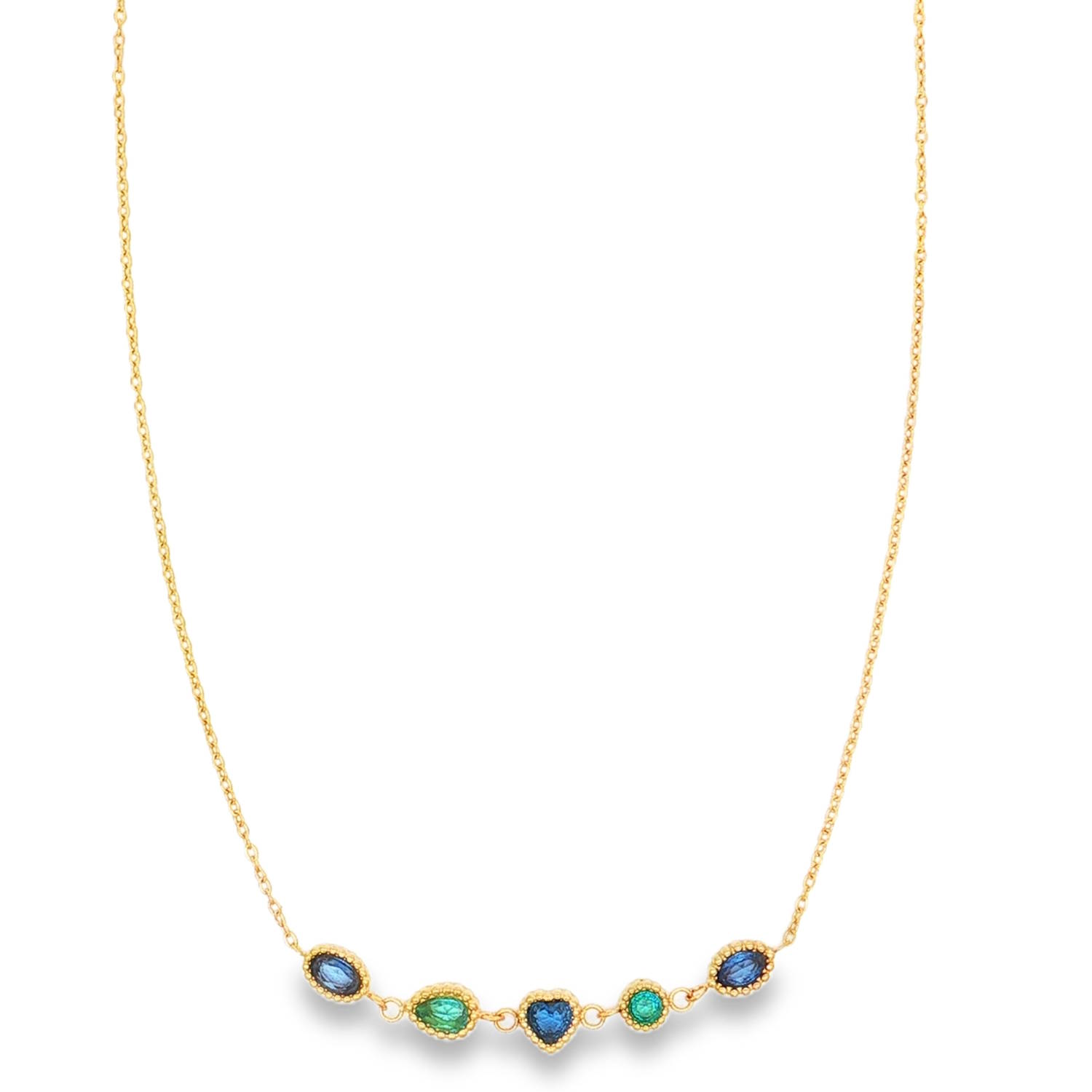 Ce collier en acier allie élégance intemporelle et touches de couleurs vibrantes, idéal pour illuminer votre décolleté au quotidien.<br/>Ce bijou se distingue par son design raffiné composé d'une fine chaîne dorée qui met en valeur une rangée centrale de cinq pierres en zirconium. Chaque pierre est soigneusement sertie dans une monture travaillée avec un délicat fini perlé qui apporte une texture précieuse et vintage à l'ensemble.<br/>Un mélange harmonieux de zircons aux couleurs océaniques, allant du bleu profond au vert émeraude.<br/>Le collier joue sur la diversité des formes pour un look moderne (Ovales, goutte, cœur et ronde).<br/>Un mousqueton sécurisé accompagné d'une chaînette d'extension, permettant d'ajuster parfaitement la taille à votre morphologie. Coeur Goutte Ovale Rond Soleil Strass Adolescent Adulte Amour Femme Fille Indémodable Ce collier en acier allie élégance intemporelle et touches de couleurs vibrantes, idéal pour illuminer votre décolleté au quotidien.<br/>Ce bijou se distingue par son design raffiné composé d'une fine chaîne dorée qui met en valeur une rangée centrale de cinq pierres en zirconium. Chaque pierre est soigneusement sertie dans une monture travaillée avec un délicat fini perlé qui apporte une texture précieuse et vintage à l'ensemble.<br/>Un mélange harmonieux de zircons aux couleurs océaniques, allant du bleu profond au vert émeraude.<br/>Le collier joue sur la diversité des formes pour un look moderne (Ovales, goutte, cœur et ronde).<br/>Un mousqueton sécurisé accompagné d'une chaînette d'extension, permettant d'ajuster parfaitement la taille à votre morphologie. Coeur Goutte Ovale Rond Soleil Strass Adolescent Adulte Amour Femme Fille Indémodable