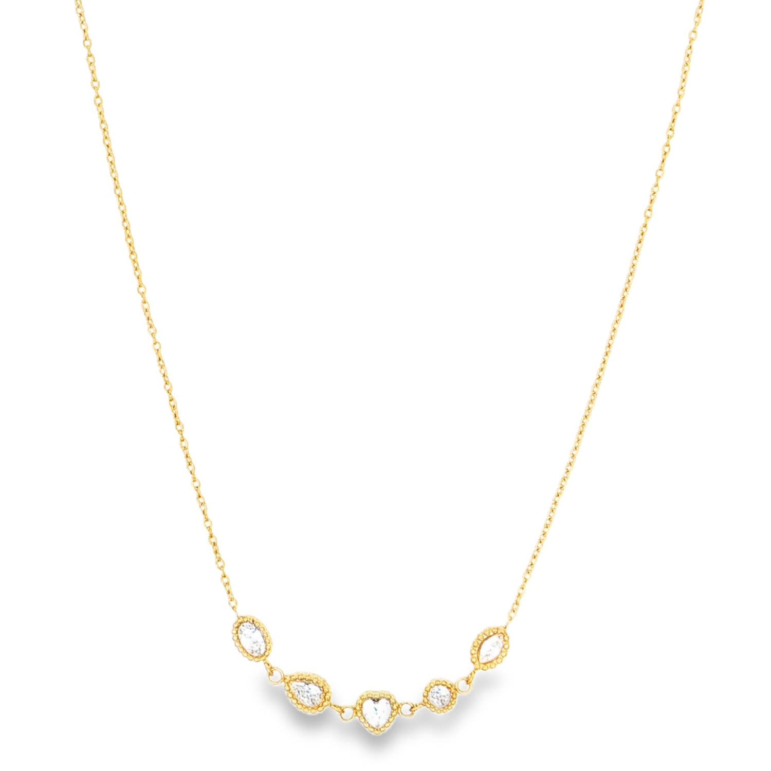 Ce collier raffiné allie la modernité de l'acier inoxydable à l'éclat intemporel du zirconium. Arborant un design asymétrique et ludique, il se distingue par sa rangée de cinq pampilles aux formes géométriques variées, créant un jeu de lumière captivant à chaque mouvement.<br/>Le centre du collier est orné de cinq pierres en oxyde de zirconium de taille brillant. Chaque pierre est délicatement sertie dans une monture travaillée avec un effet perlé qui souligne ses contours.<br/>Le collier joue sur la diversité des formes pour un look moderne (Ovales, goutte, cœur et ronde).<br/>Un mousqueton sécurisé accompagné d'une chaînette d'extension, permettant d'ajuster parfaitement la taille à votre morphologie. Coeur Goutte Ovale Rond Soleil Strass Adolescent Adulte Amour Femme Fille Indémodable Ce collier raffiné allie la modernité de l'acier inoxydable à l'éclat intemporel du zirconium. Arborant un design asymétrique et ludique, il se distingue par sa rangée de cinq pampilles aux formes géométriques variées, créant un jeu de lumière captivant à chaque mouvement.<br/>Le centre du collier est orné de cinq pierres en oxyde de zirconium de taille brillant. Chaque pierre est délicatement sertie dans une monture travaillée avec un effet perlé qui souligne ses contours.<br/>Le collier joue sur la diversité des formes pour un look moderne (Ovales, goutte, cœur et ronde).<br/>Un mousqueton sécurisé accompagné d'une chaînette d'extension, permettant d'ajuster parfaitement la taille à votre morphologie. Coeur Goutte Ovale Rond Soleil Strass Adolescent Adulte Amour Femme Fille Indémodable