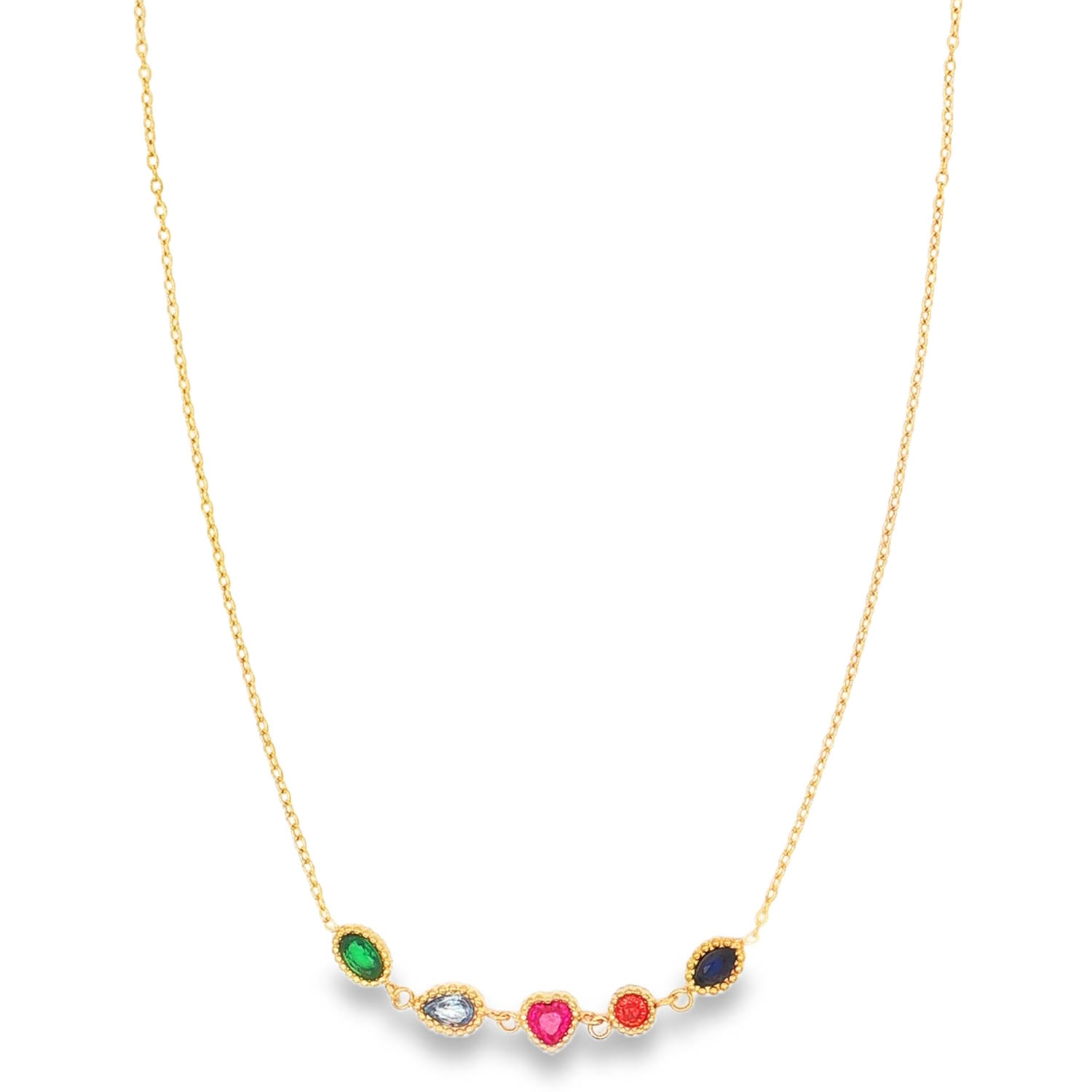 Ce collier se distingue par son allure raffinée et joyeuse. Monté sur une fine chaîne en acier inoxydable doré, il met en avant un pendentif fixe composé de cinq pierres en oxyde de zirconium de formes et de couleurs variées, disposées en arc de cercle.<br/>Le collier joue sur la diversité des formes pour un look moderne (Ovales, goutte, cœur et ronde).<br/>Un mousqueton sécurisé accompagné d'une chaînette d'extension, permettant d'ajuster parfaitement la taille à votre morphologie. Coeur Goutte Ovale Rond Soleil Strass Adolescent Adulte Amour Femme Fille Indémodable Ce collier se distingue par son allure raffinée et joyeuse. Monté sur une fine chaîne en acier inoxydable doré, il met en avant un pendentif fixe composé de cinq pierres en oxyde de zirconium de formes et de couleurs variées, disposées en arc de cercle.<br/>Le collier joue sur la diversité des formes pour un look moderne (Ovales, goutte, cœur et ronde).<br/>Un mousqueton sécurisé accompagné d'une chaînette d'extension, permettant d'ajuster parfaitement la taille à votre morphologie. Coeur Goutte Ovale Rond Soleil Strass Adolescent Adulte Amour Femme Fille Indémodable