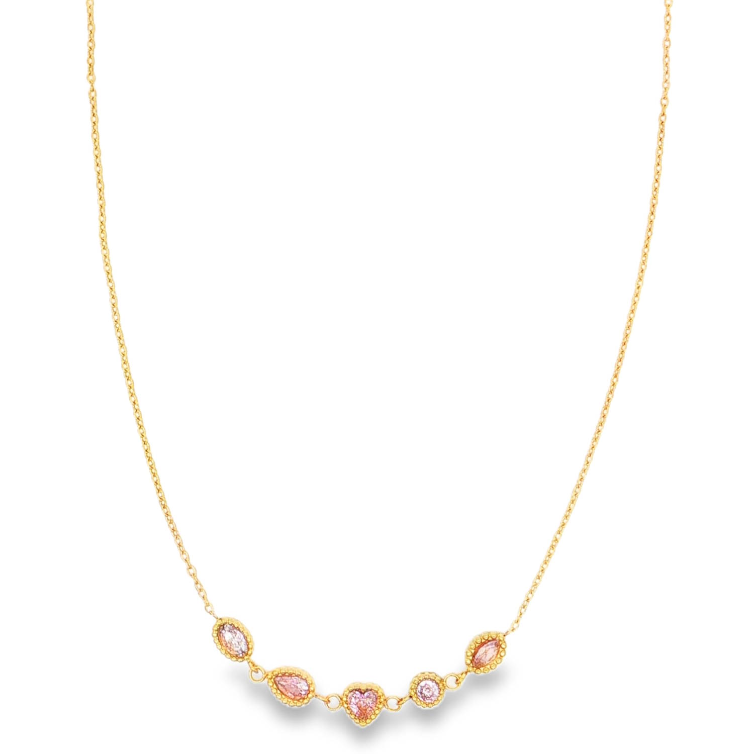 Ce collier se distingue par son allure féminine et délicate. Conçu en acier inoxydable avec une finition dorée, il présente une chaîne à maillons fins qui met en valeur une série de cinq breloques centrales fixes.<br/>L'élément central est orné de zirconiums aux nuances rosées, offrant un éclat subtil et raffiné.<br/>Le collier joue sur la diversité des formes pour un look moderne (Ovales, goutte, cœur et ronde).<br/>Un mousqueton sécurisé accompagné d'une chaînette d'extension, permettant d'ajuster parfaitement la taille à votre morphologie. Coeur Goutte Ovale Rond Soleil Strass Adolescent Adulte Amour Femme Fille Indémodable Ce collier se distingue par son allure féminine et délicate. Conçu en acier inoxydable avec une finition dorée, il présente une chaîne à maillons fins qui met en valeur une série de cinq breloques centrales fixes.<br/>L'élément central est orné de zirconiums aux nuances rosées, offrant un éclat subtil et raffiné.<br/>Le collier joue sur la diversité des formes pour un look moderne (Ovales, goutte, cœur et ronde).<br/>Un mousqueton sécurisé accompagné d'une chaînette d'extension, permettant d'ajuster parfaitement la taille à votre morphologie. Coeur Goutte Ovale Rond Soleil Strass Adolescent Adulte Amour Femme Fille Indémodable