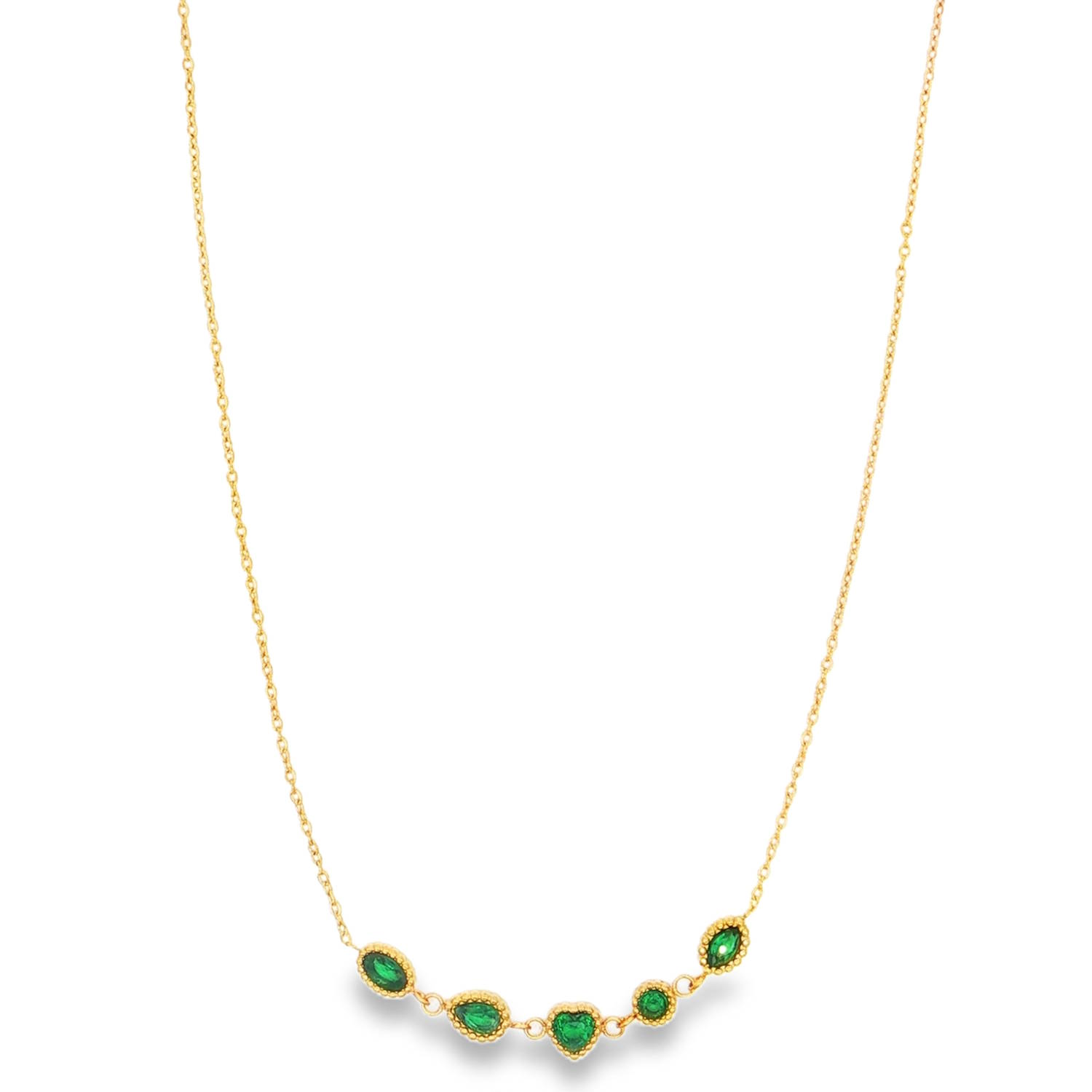 Ce collier est conçu en acier inoxydable, garantissant une excellente résistance au quotidien et une brillance durable. Il se distingue par son arrangement de cinq pierres en zirconium vert émeraude, disposées en chute légère au centre de la chaîne.<br/>Le collier joue sur la diversité des formes pour un look moderne (Ovales, goutte, cœur et ronde).<br/>Un mousqueton sécurisé accompagné d'une chaînette d'extension, permettant d'ajuster parfaitement la taille à votre morphologie. Coeur Goutte Ovale Rond Soleil Strass Adolescent Adulte Amour Femme Fille Indémodable Ce collier est conçu en acier inoxydable, garantissant une excellente résistance au quotidien et une brillance durable. Il se distingue par son arrangement de cinq pierres en zirconium vert émeraude, disposées en chute légère au centre de la chaîne.<br/>Le collier joue sur la diversité des formes pour un look moderne (Ovales, goutte, cœur et ronde).<br/>Un mousqueton sécurisé accompagné d'une chaînette d'extension, permettant d'ajuster parfaitement la taille à votre morphologie. Coeur Goutte Ovale Rond Soleil Strass Adolescent Adulte Amour Femme Fille Indémodable