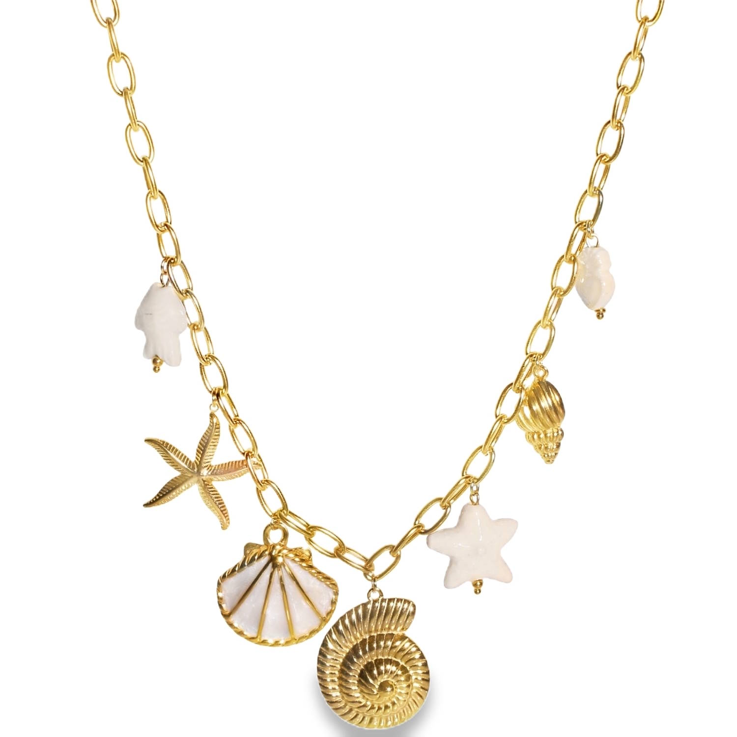 Ce collier en acier inoxydable doré capture parfaitement l'esprit de l'océan avec un style à la fois chic et fantaisie. Il se distingue par son accumulation de breloques marines suspendues à une maille ovale texturée.<br/>Le cœur de ce bijou réside dans l'accumulation harmonieuse de ses sept charmes suspendus, évoquant un trésor trouvé sur une plage lointaine.<br/>Doté d'une chaîne de réglage avec un fermoir mousqueton permettant d'ajuster la longueur selon votre décolleté. Coquillage Etoile Poisson Adolescent Adulte Animaux Eté Femme Fille Nature Printemps Ce collier en acier inoxydable doré capture parfaitement l'esprit de l'océan avec un style à la fois chic et fantaisie. Il se distingue par son accumulation de breloques marines suspendues à une maille ovale texturée.<br/>Le cœur de ce bijou réside dans l'accumulation harmonieuse de ses sept charmes suspendus, évoquant un trésor trouvé sur une plage lointaine.<br/>Doté d'une chaîne de réglage avec un fermoir mousqueton permettant d'ajuster la longueur selon votre décolleté. Coquillage Etoile Poisson Adolescent Adulte Animaux Eté Femme Fille Nature Printemps