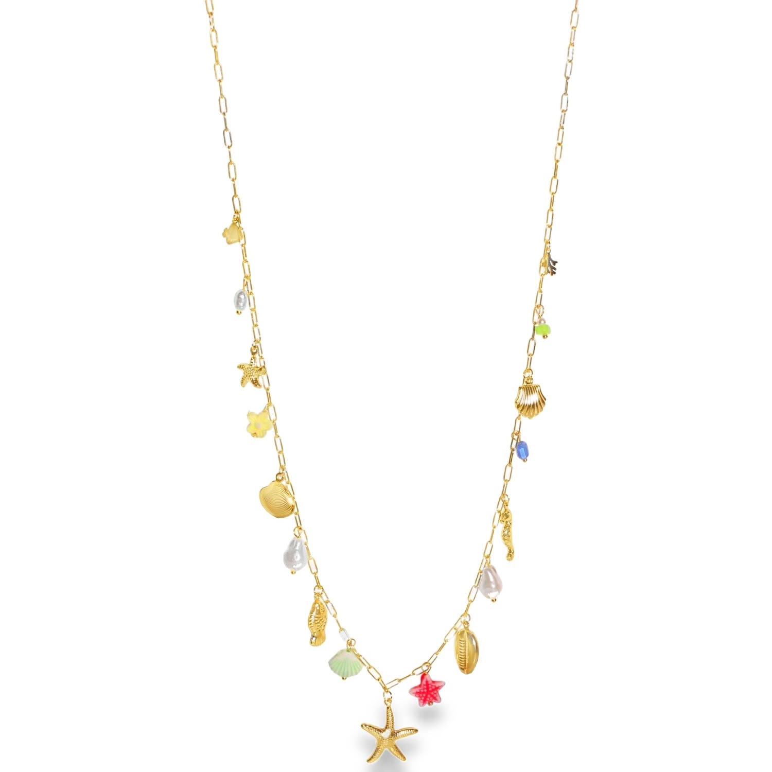 Ce splendide collier sautoir en acier inoxydable doré capture à la perfection l'esprit de l'océan et des journées ensoleillées. Conçu avec une maille rectangulaire allongée et aérienne, il se pare d'une multitude de pampilles délicates qui évoquent les trésors de la plage.<br/>Ce bijou fantaisie et raffiné se distingue par la variété et la poésie de ses détails suspendus aux motifs marins dorés et aux couleur estivales<br/>Doté d'une chaîne de réglage avec un fermoir mousqueton permettant d'ajuster la longueur selon votre décolleté. Coquillage Corail Etoile Hippocampe Perle Poisson Adolescent Adulte Animaux Eté Femme Fille Fleurs Nature Printemps Ce splendide collier sautoir en acier inoxydable doré capture à la perfection l'esprit de l'océan et des journées ensoleillées. Conçu avec une maille rectangulaire allongée et aérienne, il se pare d'une multitude de pampilles délicates qui évoquent les trésors de la plage.<br/>Ce bijou fantaisie et raffiné se distingue par la variété et la poésie de ses détails suspendus aux motifs marins dorés et aux couleur estivales<br/>Doté d'une chaîne de réglage avec un fermoir mousqueton permettant d'ajuster la longueur selon votre décolleté. Coquillage Corail Etoile Hippocampe Perle Poisson Adolescent Adulte Animaux Eté Femme Fille Fleurs Nature Printemps