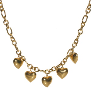 Collier composé d'une chaîne et de cinq cœurs en acier doré. Fermoir mousqueton avec 5 cm de rallonge.