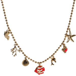Collier composé d'une chaîne de boules en acier doré, de pendants poisson, algues, coquillage, dauphin et étoile de mer en acier doré et de pendants en forme de poisson et de crabe en acier doré pavés d'émail de couleur. Fermoir mousqueton avec 5 cm de rallonge.