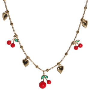 Collier composé d'une chaîne avec boules en acier doré, de cœurs en acier doré et de cerises. Fermoir mousqueton avec 5 cm de rallonge.