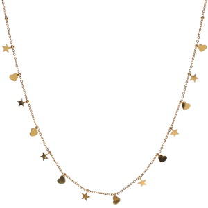 Collier composé d'une chaîne avec des pampilles en forme d'étoiles et de cœurs en acier doré. Fermoir mousqueton avec 5 cm de rallonge.