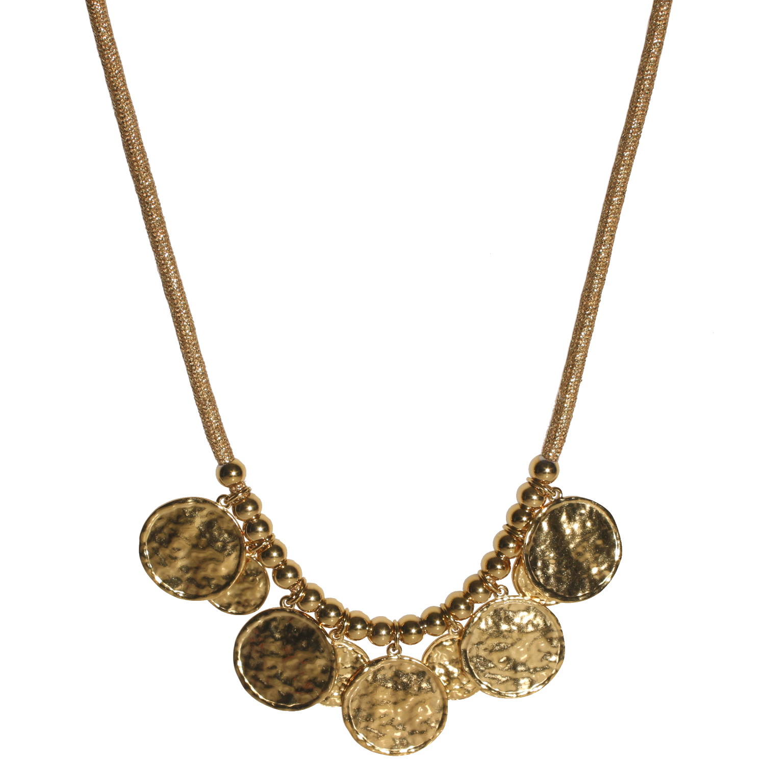 Collier composé d'un cordon en textile doré, de perles en acier doré et de pastilles rondes martelées en acier doré.<br/>Fermoir mousqueton avec 5 cm de rallonge. Cordon Rond Adolescent Adulte Femme Fille Indémodable Collier composé d'un cordon en textile doré, de perles en acier doré et de pastilles rondes martelées en acier doré.<br/>Fermoir mousqueton avec 5 cm de rallonge. Cordon Rond Adolescent Adulte Femme Fille Indémodable