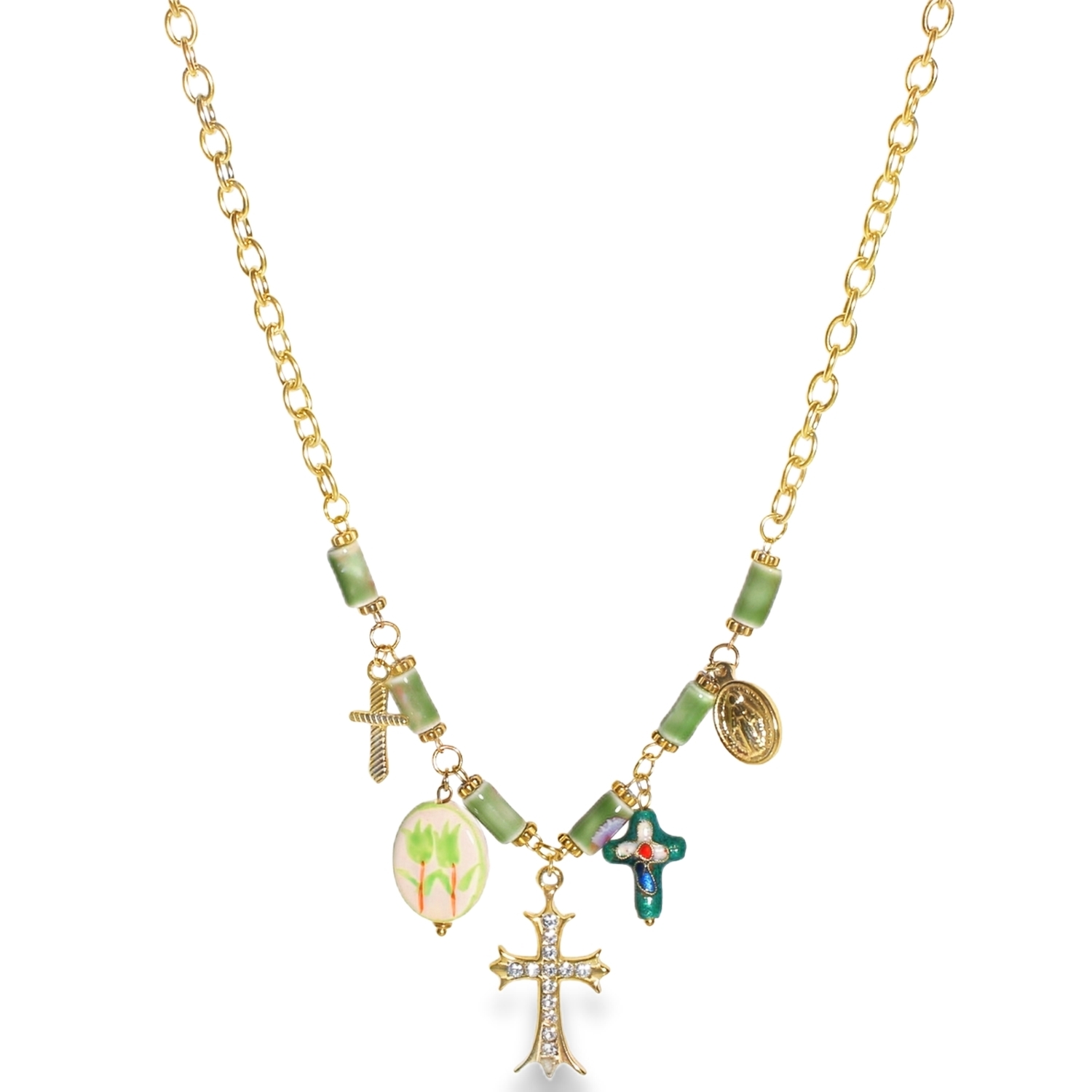 Ce magnifique collier en acier inoxydable doré allie l'élégance intemporelle des symboles spirituels à une esthétique bohème rafraîchissante. Conçu pour durer, il se distingue par son assemblage méticuleux de breloques et de perles aux nuances naturelles.<br/>Une croix majestueuse sertie de cristaux étincelants qui capte la lumière à chaque mouvement.<br/>Des tubes en céramique effet jade vert tendre apportent une touche de couleur apaisante et organique.<br/>Le collier arbore une médaille religieuse dorée, une petite croix en relief, ainsi qu'une croix émaillée aux détails colorés (bleu et rouge).<br/>Une pièce ovale en céramique blanche ornée de motifs floraux (tulipes vertes), renforçant l'aspect artisanal et unique du bijou.<br/>Un mousqueton sécurisé accompagné d'une chaînette d'extension, permettant d'ajuster parfaitement la taille à votre morphologie. Croix Strass Adolescent Adulte Femme Fille Fleurs Indémodable Nature Printemps Religion Symboles Ce magnifique collier en acier inoxydable doré allie l'élégance intemporelle des symboles spirituels à une esthétique bohème rafraîchissante. Conçu pour durer, il se distingue par son assemblage méticuleux de breloques et de perles aux nuances naturelles.<br/>Une croix majestueuse sertie de cristaux étincelants qui capte la lumière à chaque mouvement.<br/>Des tubes en céramique effet jade vert tendre apportent une touche de couleur apaisante et organique.<br/>Le collier arbore une médaille religieuse dorée, une petite croix en relief, ainsi qu'une croix émaillée aux détails colorés (bleu et rouge).<br/>Une pièce ovale en céramique blanche ornée de motifs floraux (tulipes vertes), renforçant l'aspect artisanal et unique du bijou.<br/>Un mousqueton sécurisé accompagné d'une chaînette d'extension, permettant d'ajuster parfaitement la taille à votre morphologie. Croix Strass Adolescent Adulte Femme Fille Fleurs Indémodable Nature Printemps Religion Symboles