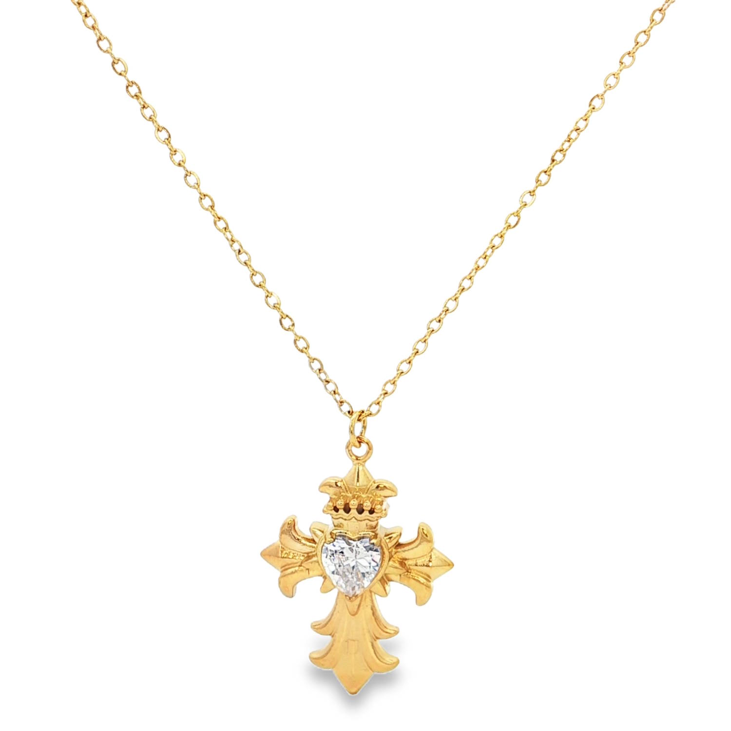 Ce sublime collier en acier doré arbore un pendentif en forme de croix.<br/>Le cristal principal, d'une taille brillant en forme de cœur, capte la lumière avec une brillance exceptionnelle.<br/>Ce bijou sophistiqué présente une transparence parfaite et une symétrie rigoureuse, faisant de cette pièce un choix intemporel pour sublimer chaque décolleté avec une grâce étincelante et une clarté absolue.<br/>Fermoir mousqueton avec 5 cm de rallonge. Coeur Croix Solitaire Strass Adolescent Adulte Amour Femme Fille Indémodable Symboles Ce sublime collier en acier doré arbore un pendentif en forme de croix.<br/>Le cristal principal, d'une taille brillant en forme de cœur, capte la lumière avec une brillance exceptionnelle.<br/>Ce bijou sophistiqué présente une transparence parfaite et une symétrie rigoureuse, faisant de cette pièce un choix intemporel pour sublimer chaque décolleté avec une grâce étincelante et une clarté absolue.<br/>Fermoir mousqueton avec 5 cm de rallonge. Coeur Croix Solitaire Strass Adolescent Adulte Amour Femme Fille Indémodable Symboles