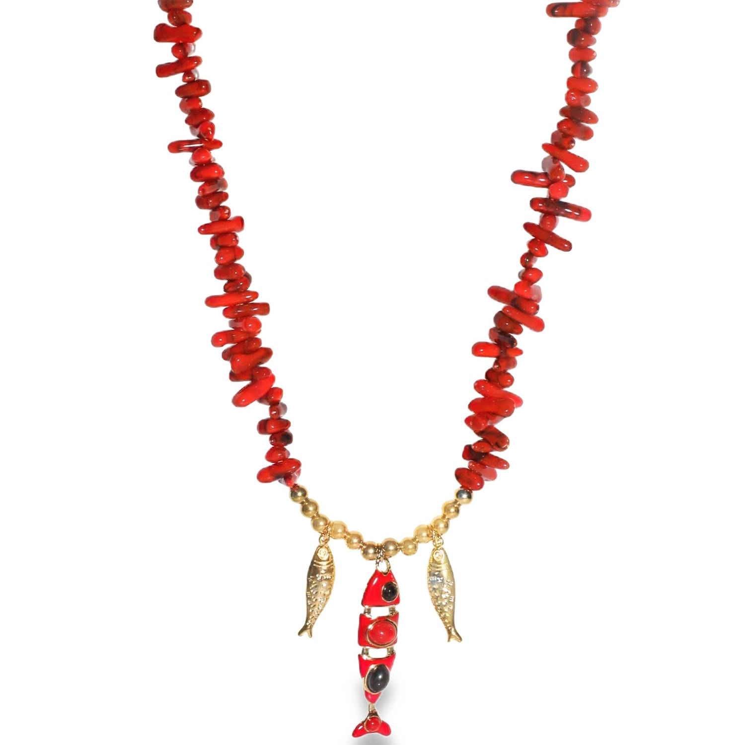 Ce collier original se distingue par son contraste vibrant entre le rouge passion et l'éclat de l'acier doré. C’est une pièce de caractère qui évoque la vie marine avec une touche artisanale.<br/>La majeure partie du collier est composée de perles en éclats de corail rouge d'imitation aux formes organiques et irrégulières, offrant un aspect naturel et texturé.<br/>Une pièce articulée en forme de poisson stylisé. Son corps est émaillé de rouge et rehaussé de cabochons noirs profonds, créant un point focal ludique et élégant.<br/>De part et d'autre du poisson central se trouvent deux petits pendentifs poissons en acier doré, finement ciselés pour imiter les écailles.<br/>Un mousqueton sécurisé accompagné d'une chaînette d'extension, permettant d'ajuster parfaitement la taille à votre morphologie.
Poisson Adolescent Adulte Animaux Eté Femme Fille Nature Printemps Ce collier original se distingue par son contraste vibrant entre le rouge passion et l'éclat de l'acier doré. C’est une pièce de caractère qui évoque la vie marine avec une touche artisanale.<br/>La majeure partie du collier est composée de perles en éclats de corail rouge d'imitation aux formes organiques et irrégulières, offrant un aspect naturel et texturé.<br/>Une pièce articulée en forme de poisson stylisé. Son corps est émaillé de rouge et rehaussé de cabochons noirs profonds, créant un point focal ludique et élégant.<br/>De part et d'autre du poisson central se trouvent deux petits pendentifs poissons en acier doré, finement ciselés pour imiter les écailles.<br/>Un mousqueton sécurisé accompagné d'une chaînette d'extension, permettant d'ajuster parfaitement la taille à votre morphologie.
Poisson Adolescent Adulte Animaux Eté Femme Fille Nature Printemps