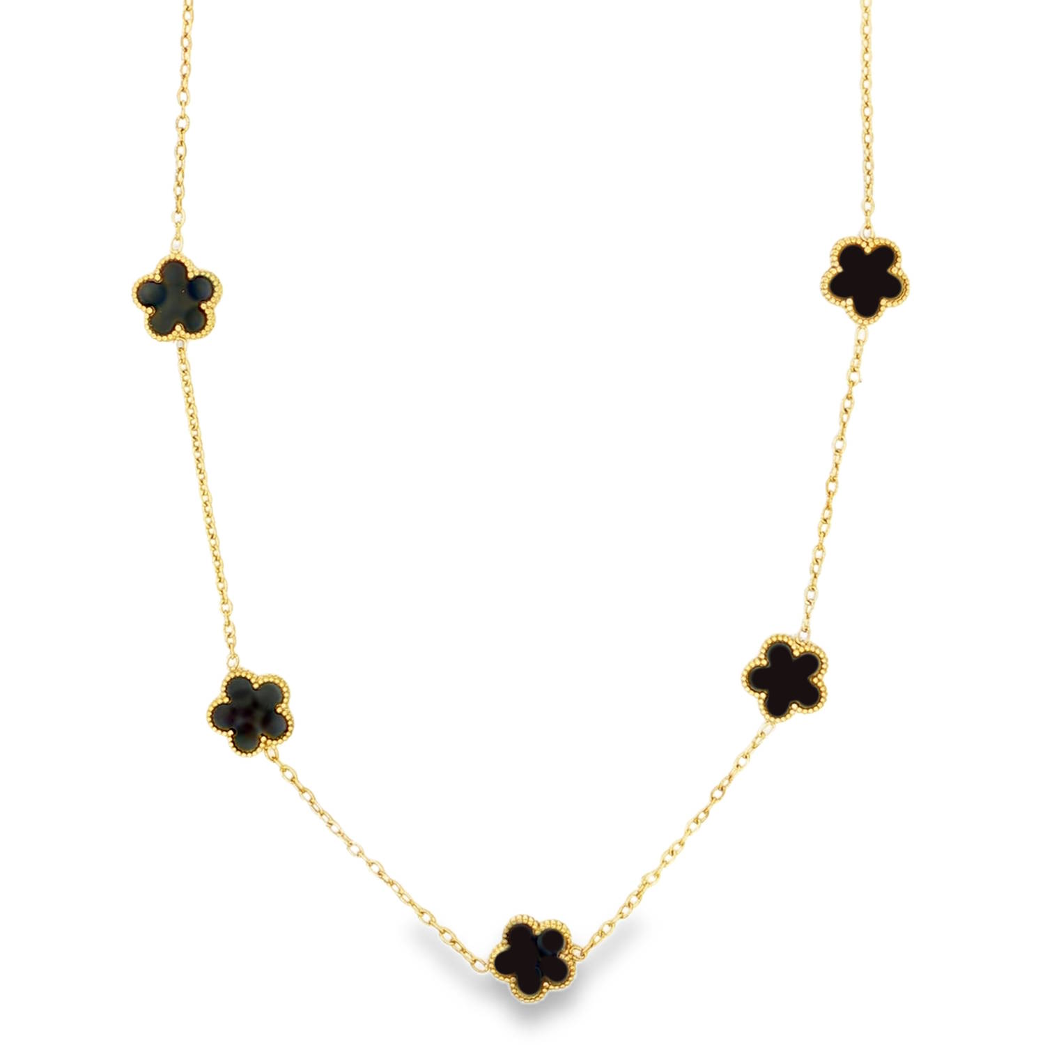 Ce collier incarne une élégance à la fois fraîche et intemporelle. Conçu avec soin, il allie la robustesse moderne de l'acier à la délicatesse d'un motif printanier, créant un bijou polyvalent capable de rehausser aussi bien une tenue décontractée qu’un ensemble plus sophistiqué.<br/>Le bijou se compose d'une chaîne fine en maille forçat, prisée pour sa discrétion et sa solidité. Le long de cette chaîne sont répartis harmonieusement cinq pendentifs fixes en forme de fleurs à cinq pétales.<br/>Chaque fleur présente des contours arrondis et doux, évoquant la simplicité d'un trèfle ou d'une fleur de cerisier.<br/>Le noir intense des inserts crée un contraste saisissant avec la finition dorée de l'acier. C'est une combinaison royale qui attire l'œil sans être ostentatoire.<br/>Un mousqueton sécurisé accompagné d'une chaînette d'extension, permettant d'ajuster parfaitement la taille à votre morphologie. Adolescent Adulte Eté Femme Fille Fleurs Nature Printemps Ce collier incarne une élégance à la fois fraîche et intemporelle. Conçu avec soin, il allie la robustesse moderne de l'acier à la délicatesse d'un motif printanier, créant un bijou polyvalent capable de rehausser aussi bien une tenue décontractée qu’un ensemble plus sophistiqué.<br/>Le bijou se compose d'une chaîne fine en maille forçat, prisée pour sa discrétion et sa solidité. Le long de cette chaîne sont répartis harmonieusement cinq pendentifs fixes en forme de fleurs à cinq pétales.<br/>Chaque fleur présente des contours arrondis et doux, évoquant la simplicité d'un trèfle ou d'une fleur de cerisier.<br/>Le noir intense des inserts crée un contraste saisissant avec la finition dorée de l'acier. C'est une combinaison royale qui attire l'œil sans être ostentatoire.<br/>Un mousqueton sécurisé accompagné d'une chaînette d'extension, permettant d'ajuster parfaitement la taille à votre morphologie. Adolescent Adulte Eté Femme Fille Fleurs Nature Printemps