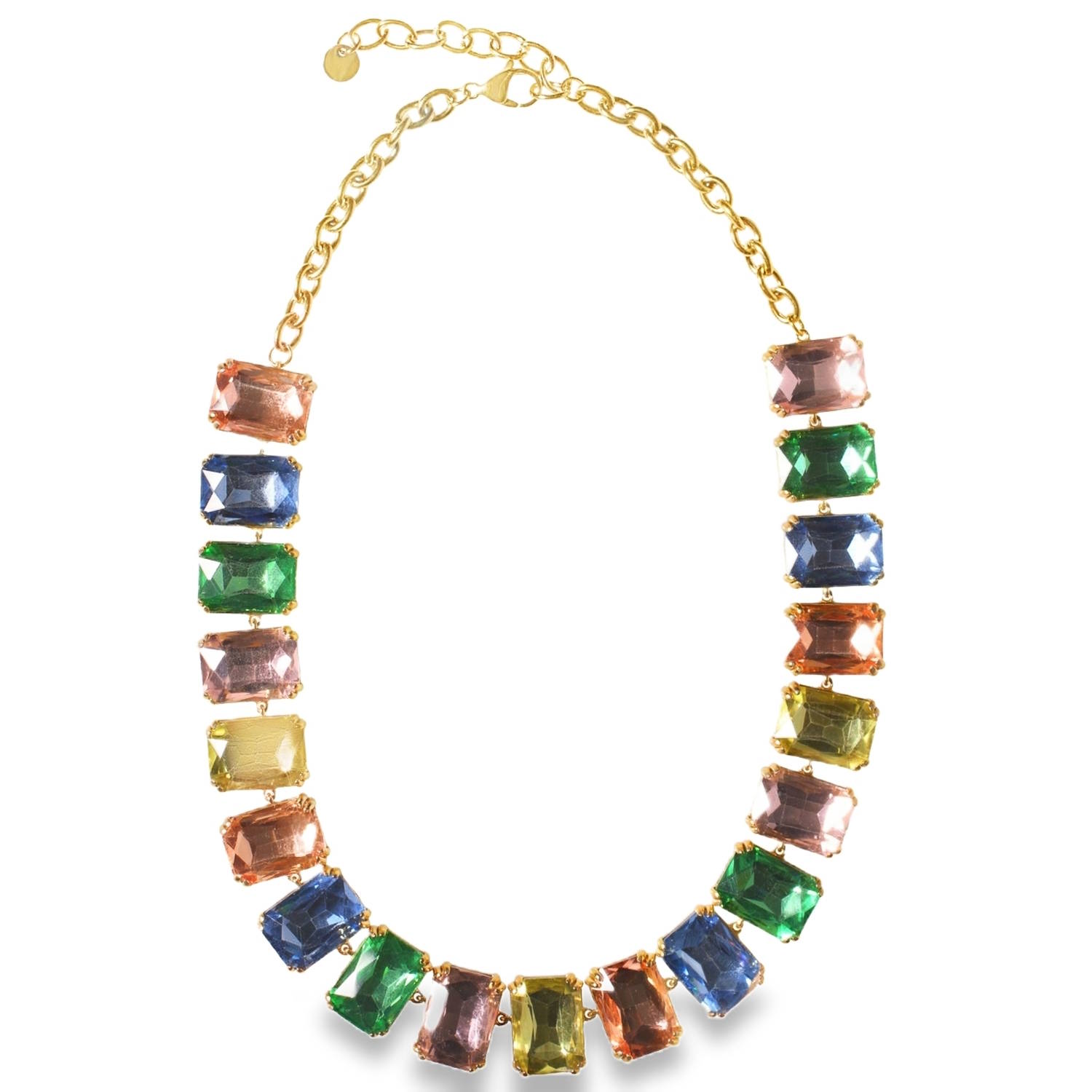 Apportez une touche d'éclat et de gaieté à vos tenues avec ce magnifique collier plastron en acier inoxydable doré, orné d'une farandole de cristaux multicolores.<br/>Un style plastron affirmé, composé d'une succession de grands cristaux rectangulaires à facettes (taille émeraude) qui captent intensément la lumière.<br/>Une harmonie vibrante de teintes printanières et estivales, incluant le bleu saphir, le vert émeraude, le rose poudré, l'ambre et le jaune améthyste.<br/>Doté d'une chaîne de réglage avec un fermoir mousqueton permettant d'ajuster la longueur selon votre décolleté. Rectangle Adolescent Adulte Femme Fille Indémodable Apportez une touche d'éclat et de gaieté à vos tenues avec ce magnifique collier plastron en acier inoxydable doré, orné d'une farandole de cristaux multicolores.<br/>Un style plastron affirmé, composé d'une succession de grands cristaux rectangulaires à facettes (taille émeraude) qui captent intensément la lumière.<br/>Une harmonie vibrante de teintes printanières et estivales, incluant le bleu saphir, le vert émeraude, le rose poudré, l'ambre et le jaune améthyste.<br/>Doté d'une chaîne de réglage avec un fermoir mousqueton permettant d'ajuster la longueur selon votre décolleté. Rectangle Adolescent Adulte Femme Fille Indémodable