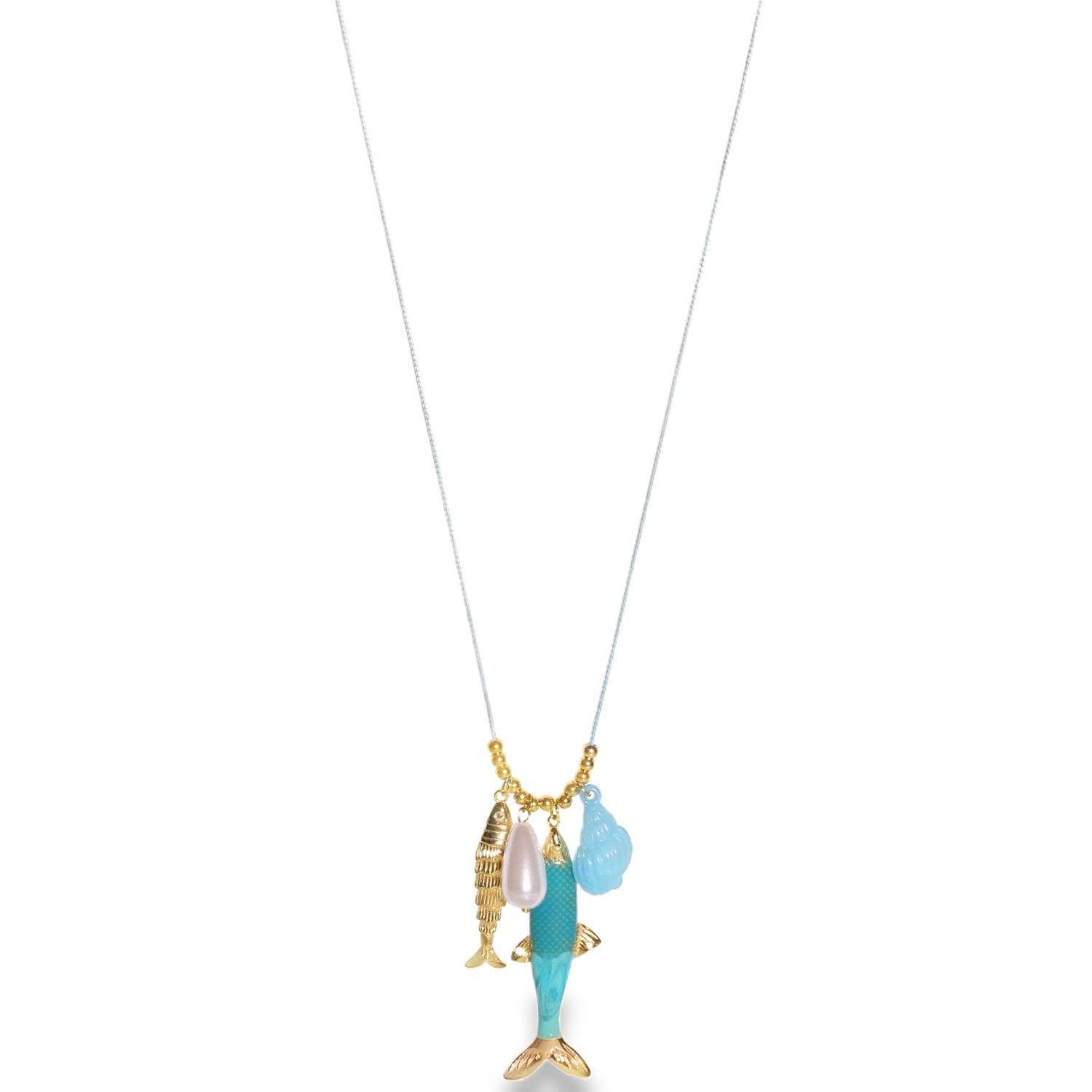 Apportez une touche de fraîcheur marine et d'élégance ludique à votre tenue avec ce superbe collier sautoir. Conçu pour celles qui aiment les bijoux à forte personnalité, ce modèle combine harmonieusement des textures variées et des nuances aquatiques.<br/>Ce sautoir se distingue par son pendentif composé d'une cascade de breloques soigneusement sélectionnées.<br/>Deux figurines de poissons articulées, l'une en finition dorée ciselée et l'autre parée d'un émail bleu turquoise vibrant, évoquant les eaux cristallines.<br/>Une perle goutte d'un blanc nacré apporte une note de douceur et de sophistication classique.<br/>Un charm en forme de coquillage bleu translucide complète ce tableau marin avec légèreté. Coquillage Cordon Poisson Adolescent Adulte Animaux Eté Femme Fille Nature Printemps Apportez une touche de fraîcheur marine et d'élégance ludique à votre tenue avec ce superbe collier sautoir. Conçu pour celles qui aiment les bijoux à forte personnalité, ce modèle combine harmonieusement des textures variées et des nuances aquatiques.<br/>Ce sautoir se distingue par son pendentif composé d'une cascade de breloques soigneusement sélectionnées.<br/>Deux figurines de poissons articulées, l'une en finition dorée ciselée et l'autre parée d'un émail bleu turquoise vibrant, évoquant les eaux cristallines.<br/>Une perle goutte d'un blanc nacré apporte une note de douceur et de sophistication classique.<br/>Un charm en forme de coquillage bleu translucide complète ce tableau marin avec légèreté. Coquillage Cordon Poisson Adolescent Adulte Animaux Eté Femme Fille Nature Printemps