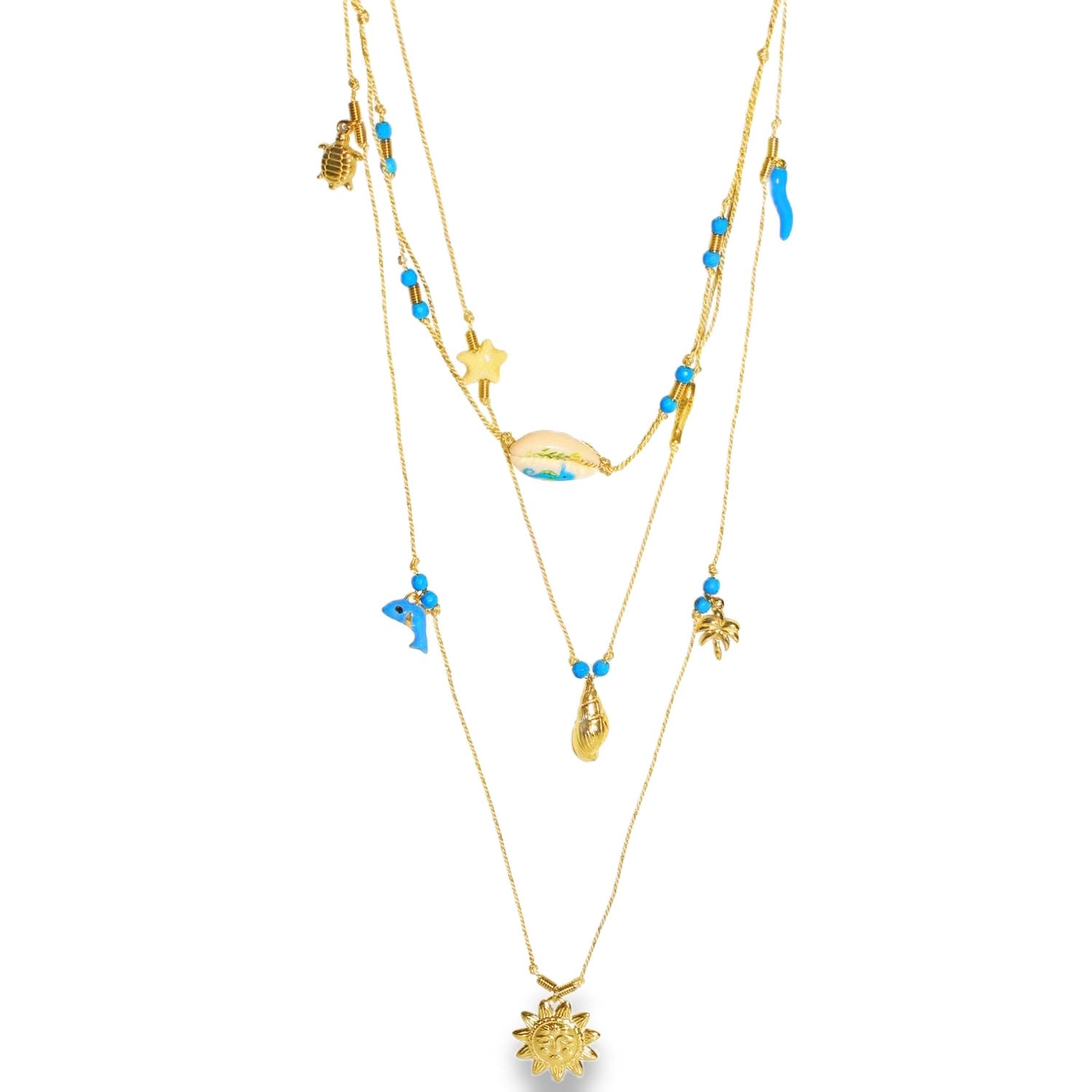 Ce collier triple rang en acier doré est l'accessoire parfait pour insuffler une touche solaire et estivale à vos tenues. Alliant finesse et originalité, il se distingue par son accumulation de pampilles inspirées du bord de mer.<br/>Le bijou se compose de trois chaînes de longueurs différentes, créant un effet de superposition élégant et harmonieux.<br/>Une chaîne délicate ponctuée de perles bleu turquoise, d'une petite étoile de mer dorée et d'un coquillage central aux reflets irisés.<br/>Orné d'un pendentif en forme de coquillage de type cauri entièrement doré, encadré de perles bleues.<br/>La chaîne la plus longue, mettant en valeur un imposant pendentif soleil rayonnant au centre, complété sur les côtés par une tortue, un dauphin bleu et un palmier doré.<br/>Un mousqueton sécurisé accompagné d'une chaînette d'extension, permettant d'ajuster parfaitement la taille à votre morphologie. Dauphin Hippocampe Multirangs Poisson Soleil Adolescent Adulte Animaux Eté Femme Fille Nature Printemps Ce collier triple rang en acier doré est l'accessoire parfait pour insuffler une touche solaire et estivale à vos tenues. Alliant finesse et originalité, il se distingue par son accumulation de pampilles inspirées du bord de mer.<br/>Le bijou se compose de trois chaînes de longueurs différentes, créant un effet de superposition élégant et harmonieux.<br/>Une chaîne délicate ponctuée de perles bleu turquoise, d'une petite étoile de mer dorée et d'un coquillage central aux reflets irisés.<br/>Orné d'un pendentif en forme de coquillage de type cauri entièrement doré, encadré de perles bleues.<br/>La chaîne la plus longue, mettant en valeur un imposant pendentif soleil rayonnant au centre, complété sur les côtés par une tortue, un dauphin bleu et un palmier doré.<br/>Un mousqueton sécurisé accompagné d'une chaînette d'extension, permettant d'ajuster parfaitement la taille à votre morphologie. Dauphin Hippocampe Multirangs Poisson Soleil Adolescent Adulte Animaux Eté Femme Fille Nature Printemps