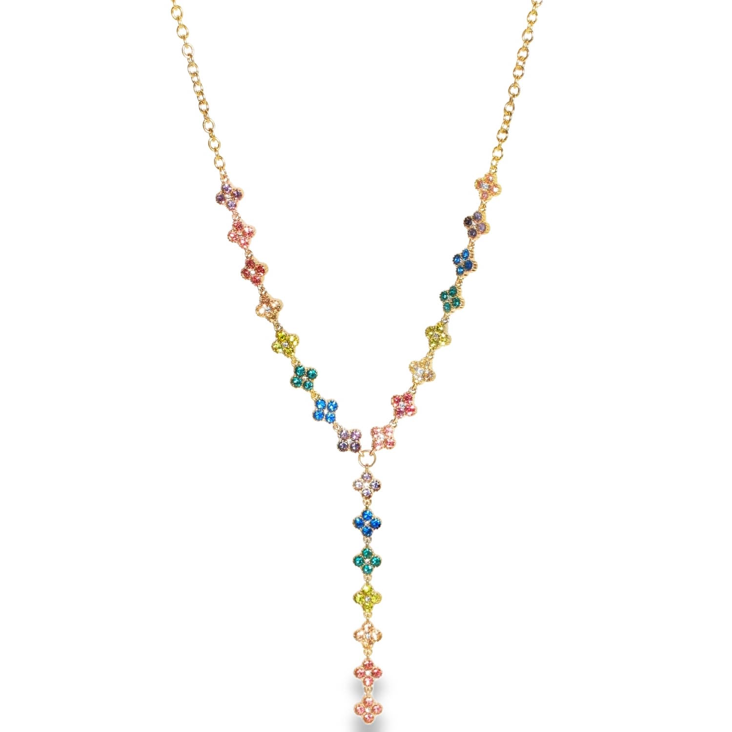 Apportez une touche de fraîcheur et d'éclat à votre décolleté avec ce collier raffiné au design printanier. Conçu en acier inoxydable de haute qualité, ce bijou allie la durabilité à une esthétique précieuse grâce à sa finition dorée.<br/>Le collier est orné d'une succession de petites fleurs à quatre pétales, rappelant des trèfles porte-bonheur.<br/>Chaque fleur est sertie de cristaux étincelants déclinés dans une palette arc-en-ciel (bleu saphir, vert émeraude, jaune ambre, rose rubis et violet améthyste).<br/>Un mousqueton sécurisé accompagné d'une chaînette d'extension, permettant d'ajuster parfaitement la taille à votre morphologie. Strass Trèfle Adolescent Adulte Femme Fille Fleurs Indémodable Nature Apportez une touche de fraîcheur et d'éclat à votre décolleté avec ce collier raffiné au design printanier. Conçu en acier inoxydable de haute qualité, ce bijou allie la durabilité à une esthétique précieuse grâce à sa finition dorée.<br/>Le collier est orné d'une succession de petites fleurs à quatre pétales, rappelant des trèfles porte-bonheur.<br/>Chaque fleur est sertie de cristaux étincelants déclinés dans une palette arc-en-ciel (bleu saphir, vert émeraude, jaune ambre, rose rubis et violet améthyste).<br/>Un mousqueton sécurisé accompagné d'une chaînette d'extension, permettant d'ajuster parfaitement la taille à votre morphologie. Strass Trèfle Adolescent Adulte Femme Fille Fleurs Indémodable Nature