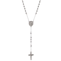 Collier chapelet en forme de Y composé d'une chaîne boules, d'un médaillon et d'une croix crucifix en acier argenté.