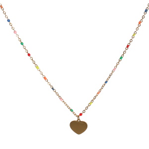 Collier composé d'une chaîne en acier doré, perles multicolores et d'un pendentif en forme de cœur en acier doré. Fermoir mousqueton avec 3 cm de rallonge.