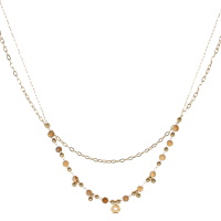 Collier double rangs composé d'une chaîne de 39 cm de long en acier doré, ainsi qu'une chaîne de 41 cm de long avec perles en acier doré surmontée de perles en véritable pierre de jaspe paysage et d'un pendentif cercle. Fermoir mousqueton avec 5 cm de rallonge.
