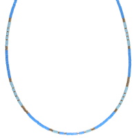 Collier composé de perles cylindriques en acier doré et de perles cylindriques en caoutchouc de couleur bleu. Fermoir mousqueton avec 5 cm de rallonge.