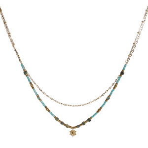 Collier double rangs composé d'une chaîne de 39 cm de long en acier doré, ainsi qu'une chaîne de 41 cm de long avec des perles cylindriques en acier doré et des perles miyuki bleues turquoises, des perles cubiques de couleur turquoise et un pendentif soleil en acier doré. Fermoir mousqueton avec 5 cm de rallonge.