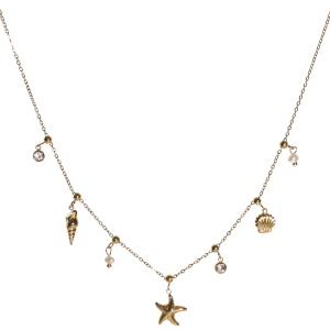 Collier composé d'une chaîne avec des pendants en forme d'étoile de mer et de coquillages en acier doré, de deux perles d'imitation et deux strass sertis clos. Fermoir mousqueton avec 5 cm de rallonge.