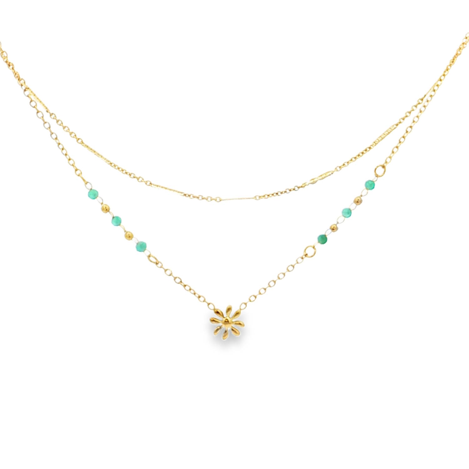 Sublime collier multicouche en acier doré, rehaussé de délicates perles de couleur turquoise.<br/>Chaque pierre, taillée en cabochon rond, apporte une touche de couleur vive et une esthétique bohème chic à ce bijou raffiné.<br/>Portez ce collier pour illuminer votre décolleté avec élégance et originalité.<br/>Fermoir mousqueton avec 5 cm de rallonge. Multirangs Perle Adolescent Adulte Femme Fille Fleurs Indémodable Nature Sublime collier multicouche en acier doré, rehaussé de délicates perles de couleur turquoise.<br/>Chaque pierre, taillée en cabochon rond, apporte une touche de couleur vive et une esthétique bohème chic à ce bijou raffiné.<br/>Portez ce collier pour illuminer votre décolleté avec élégance et originalité.<br/>Fermoir mousqueton avec 5 cm de rallonge. Multirangs Perle Adolescent Adulte Femme Fille Fleurs Indémodable Nature