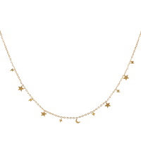 Collier composé d'une chaîne et de pampilles en forme d'étoiles, éclairs et croissants de lune en acier doré. Fermoir mousqueton avec 5 cm de rallonge.