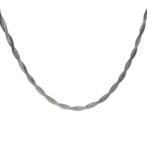 Collier composé de deux chaînes maille serpent entrelacées en acier argenté. Fermoir mousqueton avec 5 cm de rallonge.