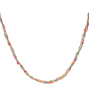 Collier triple rangs entrelacés composé de deux chaînes en acier doré et d'une chaîne perles multicolores. Fermoir mousqueton avec 5 cm de rallonge.