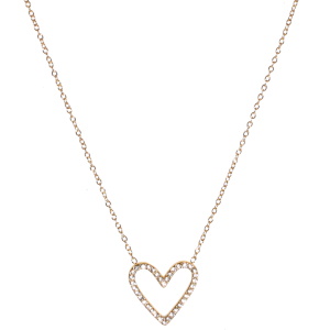 Collier composé d'une chaîne en acier doré et d'un pendentif en forme de cœur pavé de strass. Fermoir mousqueton avec 5 cm de rallonge.