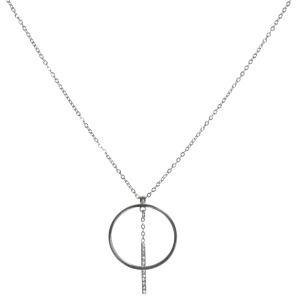 Collier composé d'une chaîne avec un pendentif cercle en acier argenté et d'un pendentif en forme de barre sertie de strass. Fermoir mousqueton avec 5 cm de rallonge.