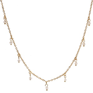 Collier composé d'une chaîne en acier doré et de pampilles de perles transparentes. Fermoir mousqueton avec 5 cm de rallonge.