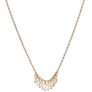 Collier composé d'une chaîne en acier doré et de pampilles de perles transparentes. Fermoir mousqueton avec 5 cm de rallonge.