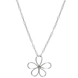 Collier sautoir composé d'une chaîne avec fleur en acier argenté. Fermoir mousqueton avec 5 cm de rallonge.