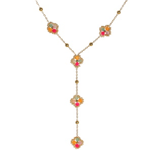 Collier de forme Y composé d'une chaîne boules en acier doré et de fleurs en perles multicolores. Fermoir mousqueton avec 5 cm de rallonge.