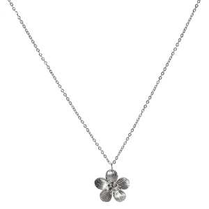 Collier composé d'une chaîne et d'un pendentif en forme de fleur en acier argenté. Fermoir mousqueton avec 5 cm de rallonge.