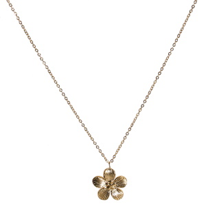 Collier composé d'une chaîne et d'un pendentif en forme de fleur en acier doré. Fermoir mousqueton avec 5 cm de rallonge.