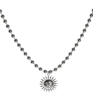 Collier composé d'une chaîne boules et d'un pendentif en forme de soleil avec visage en acier argenté. Fermoir mousqueton avec 5 cm de rallonge.