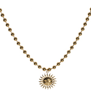 Collier composé d'une chaîne boules et d'un pendentif en forme de soleil avec visage en acier doré. Fermoir mousqueton avec 5 cm de rallonge.