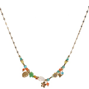 Collier composé d'une chaîne avec pendants en forme de feuille philodendron, de guêpe et de fleur en acier doré sertie d'un cristal rose, de perles multicolores, de perles fleurs, d'une feuille nacrée et de pampilles perles multicolores. Fermoir mousqueton avec 5 cm de rallonge.