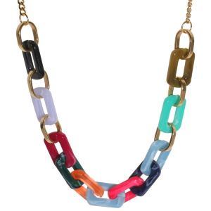 Collier sautoir composé d'une chaîne en acier doré et de maillons multicolores. Fermoir mousqueton avec 5 cm de rallonge.