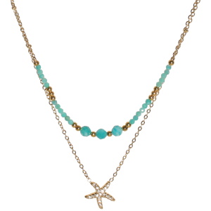 Collier double rangs composé d'une chaîne de 38 cm de long en acier doré et de perles bleues turquoises, ainsi qu'une chaîne de 41 cm de long en acier doré et d'un pendentif en forme d'étoile mer serti de strass. Fermoir mousqueton avec 5 cm de rallonge.